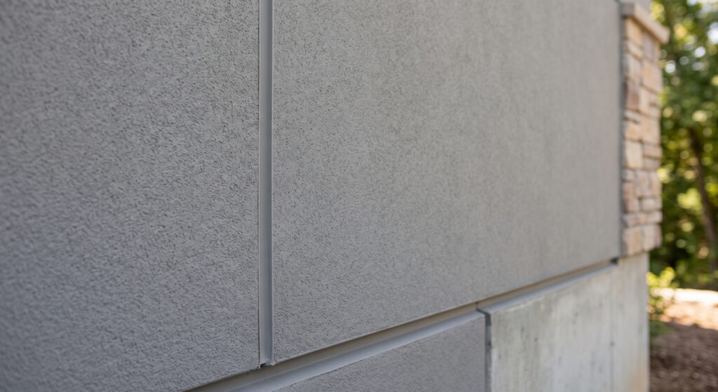 Close-up of a gray stucco wall with visible seams. The surface appears textured, and part of a stone corner and some greenery are visible in the background.